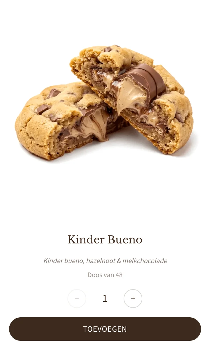 Productpagina in de Gâté-webshop op een telefoon: cookie Kinder Bueno, per doos van 48