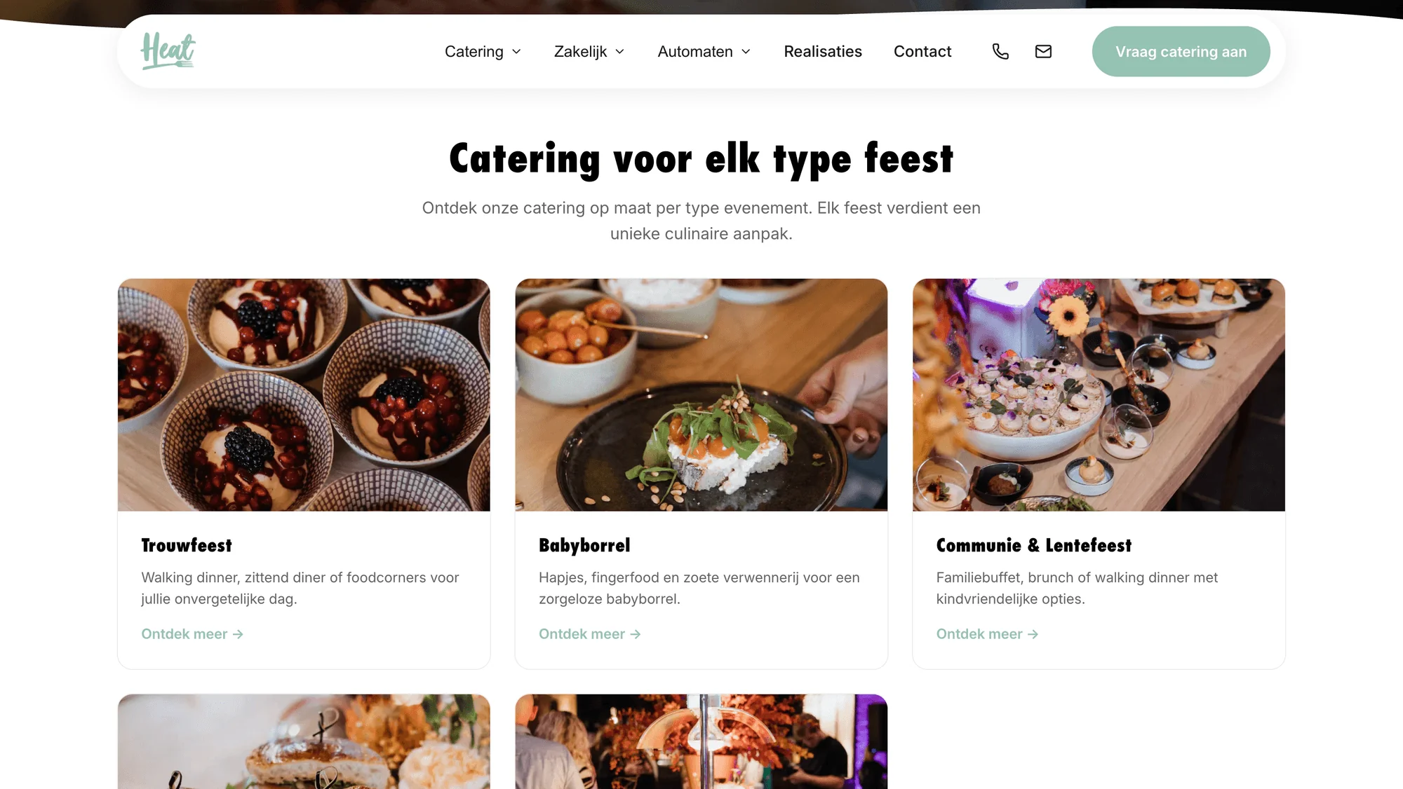 Overzicht van cateringformules per feest op de Heat-website, zoals trouwfeest, babyborrel en communie
